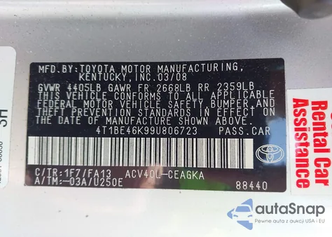2009 Toyota Camry Xle from USA, damaged, VIN 4T1BE46K99U806723